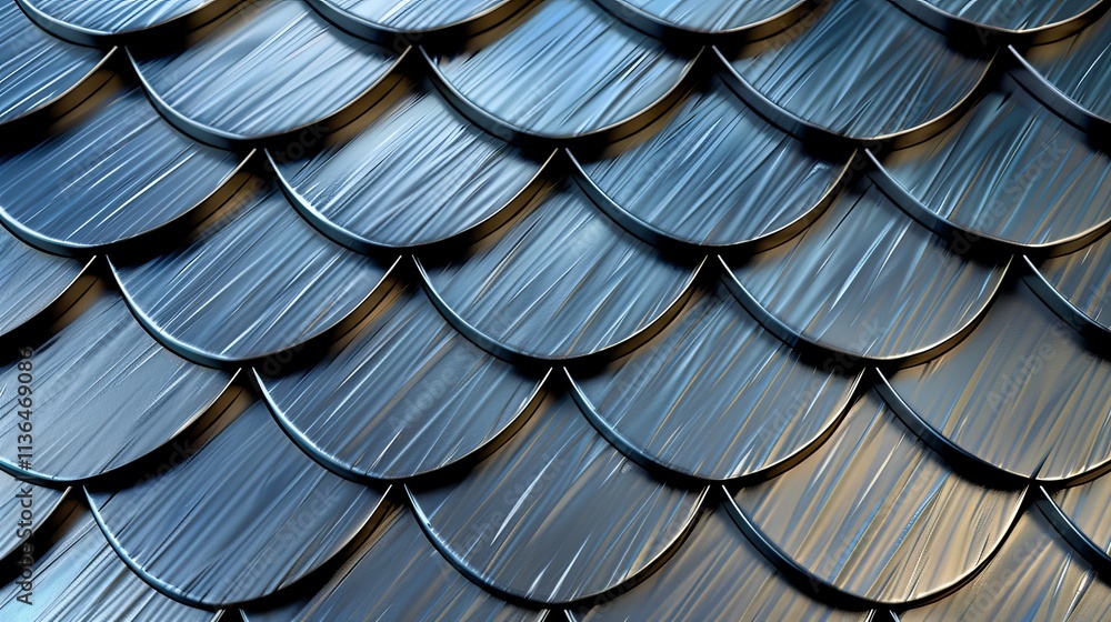 Poster close-up view of a textured metallic roof featuring overlapping scalloped tiles in varying shades of