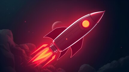 glowing rocket with fiery red details, traveling at high speed in a futuristic concept of technological innovation