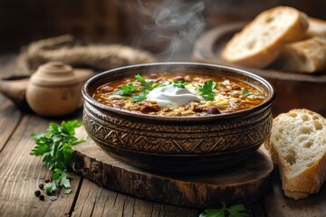 A steaming bowl of hearty soup garnished with herbs, accompanied by bread on a rustic table.