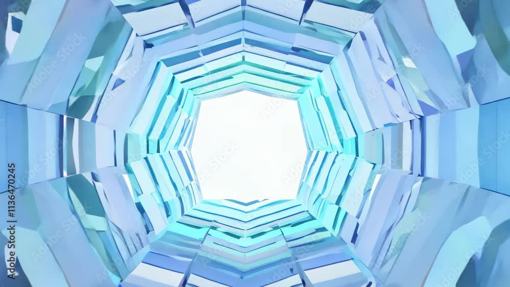 Poster explore a vibrant tunnel of light and color created by reflective geometric shapes and dynamic light