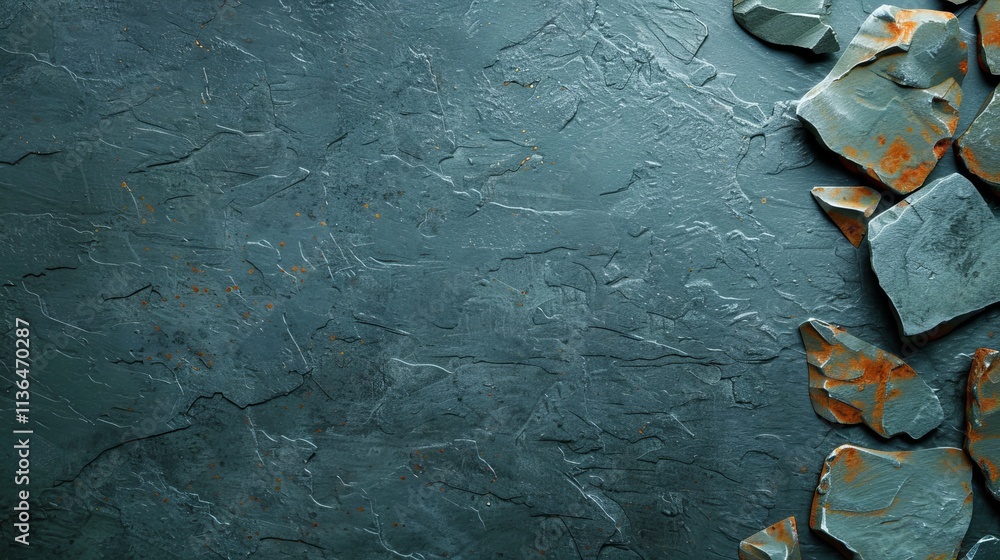 Poster textured dark blue-gray background with rough surface and scattered stone fragments, creating an ind