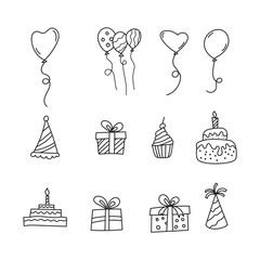 Birthday Elements Set – Cake, Balloons, Gifts, Hat, and Party Icons Outline Collection