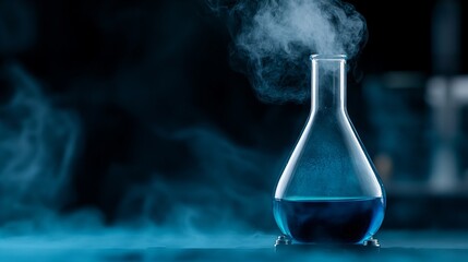 Transparent flask containing blue liquid with swirling steam, creating a mystical laboratory atmosphere.