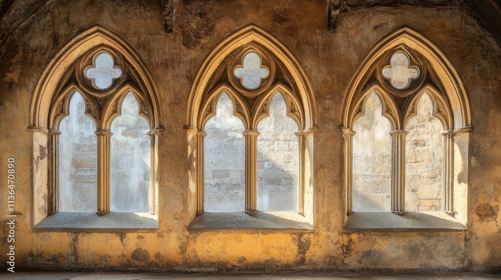 Poster gothic arched windows with intricate design in historic setting
