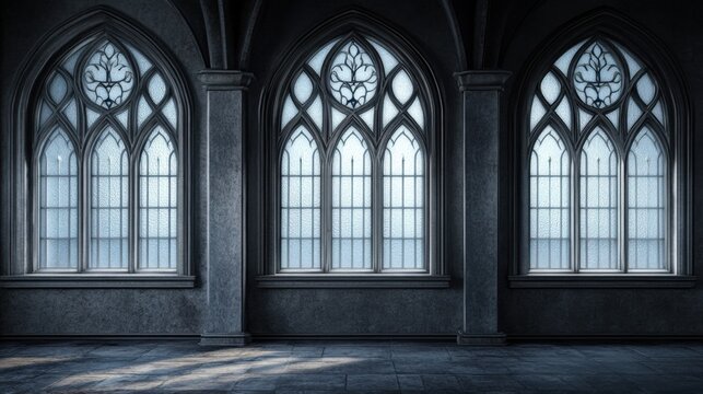 Dramatic Gothic Architecture with Large Arched Windows and Light