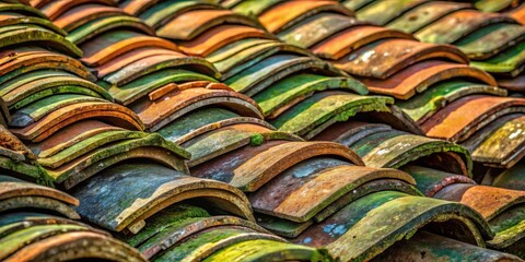 A textured close-up of aged clay roof tiles, showing the patina of time and the growth of moss.