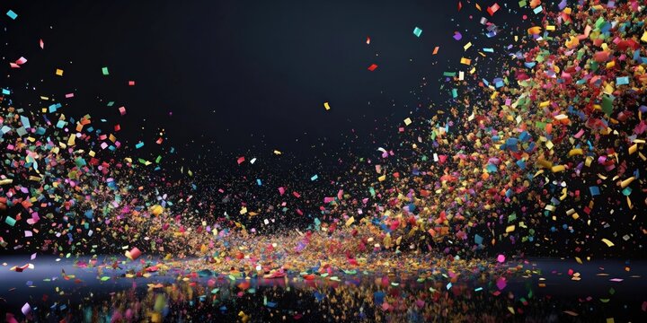 A vibrant explosion of colorful confetti against a dark background, celebrating a joyous occasion with a burst of festive cheer