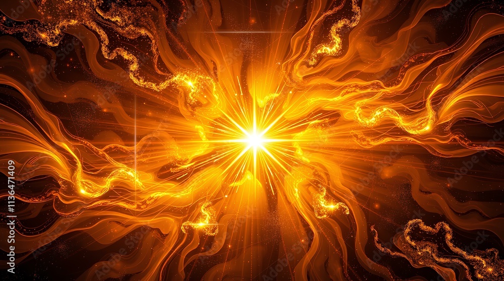 Poster fiery explosion of golden light radiating energy and power in a vibrant and dynamic abstract backgro