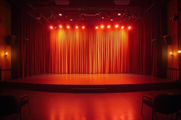 Expressionistic stage lighting with dramatic spotlights on an empty stand-up comedy stage, perfect for performances, creative recitals, or indoor theater events