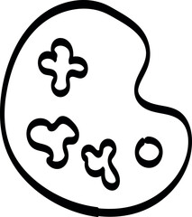 Black and white outline of an artist's palette with four paint blobs and a small circular hole for holding.
