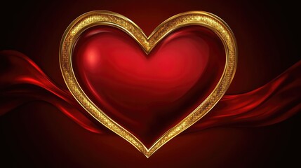 Golden Framed Heart with Red Background and Elegant Silk Ribbon