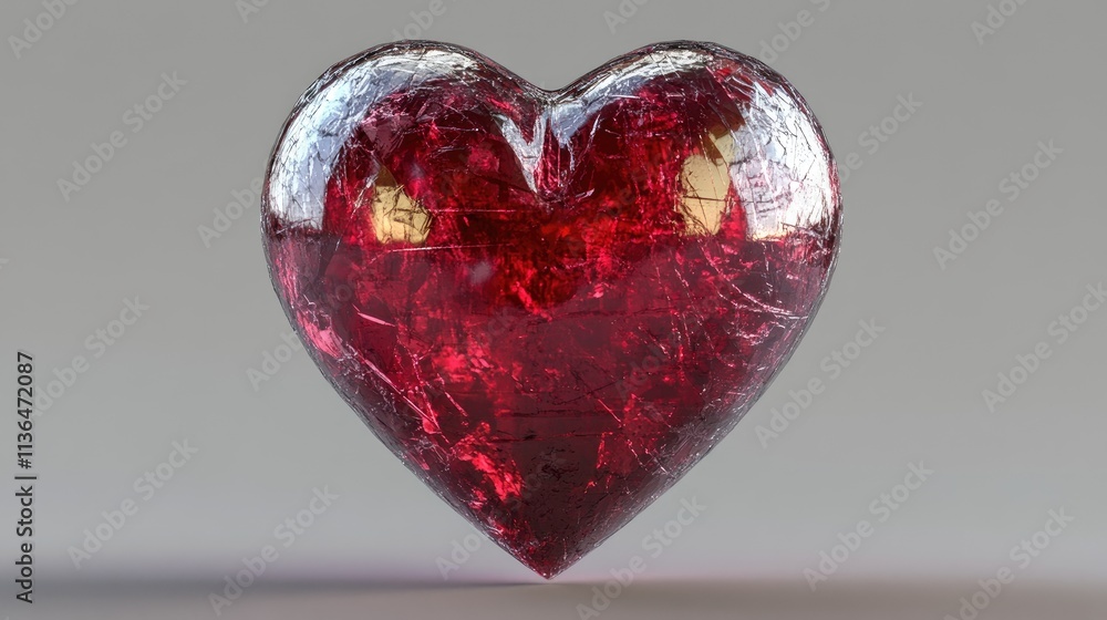 Poster shiny red heart shaped gemstone with reflective surface and texture