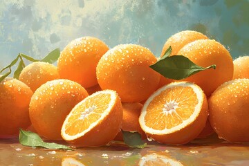 Sun-Kissed Oranges: A vibrant still life featuring a cluster of juicy oranges, glistening with dew drops, evokes a sense of freshness and summery delight.