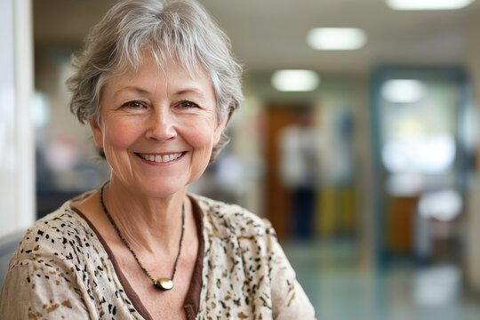 Warm portrait of an elderly woman in healthcare setting, smiling, embodies senior wellness and positive patient experience in hospital, showcasing compassionate care and patient support