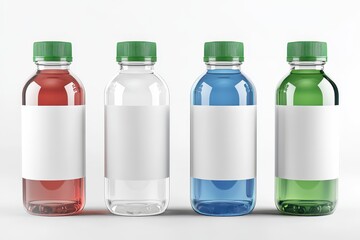 A collection of clear plastic water bottles with colorful caps represents healthy hydration options, featuring a modern design and eco-friendly materials for sustainable drinking solutions.