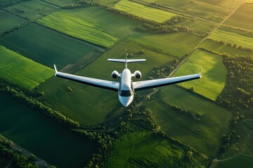 An eco-friendly aircraft soaring over lush green farmland, symbolizing the commitment to cleaner biofuels and sustainable transportation for a greener aviation journey.
