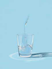 Water being poured into a glass on a blue background. The water is clear and transparent., Fresh water being poured into glass, creating bubbles against blue background. scene captures refreshing esse
