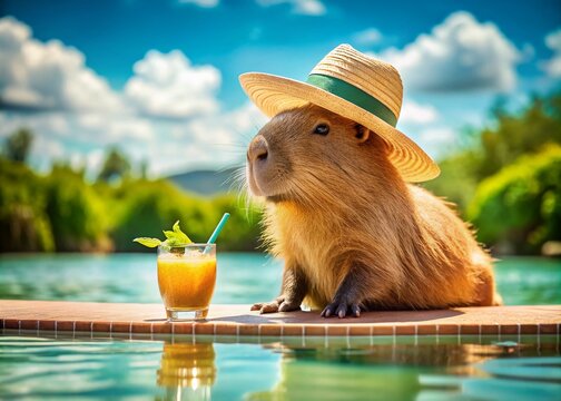 Cute Capybara Poolside: Tilt-Shift Brandy Ginger Lemonade Summer Fun