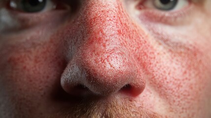 Obraz premium Close up of red irritated nose, emphasizing the discomfort and struggle of allergies or cold symptoms, highlighting the human vulnerability and resilience in the face of common ailments.