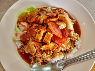 BBQ Pork Rice with Crispy Pork Belly and Boiled Egg