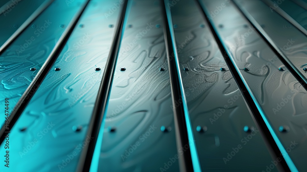Poster a close-up view of textured metallic planks illuminated in teal light, showcasing intricate patterns