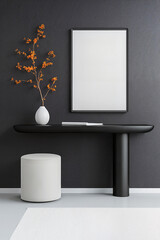 Sleek console table against a dark wall with a vase and branches, creating a minimalistic look