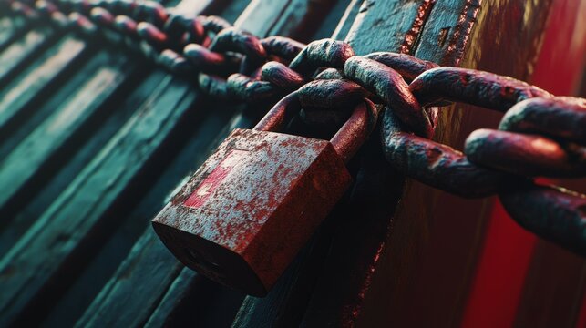 Close-up of rusted padlock with flag reflections and chains on an international shipping container, captured in photorealistic 8k detail - Powered by Adobe