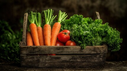 Organic farm fresh produce harvest highlighting seasonal vegetable vitality through rustic wooden basket and natural agricultural landscape