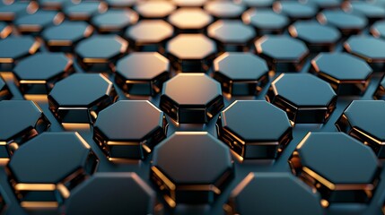 Obraz premium Close-up of a modern hexagonal metal pattern, showcasing reflections and depth with a sleek and futuristic aesthetic.
