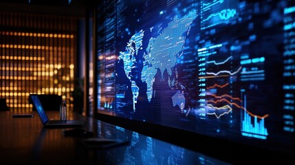 A modern meeting room featuring executives discussing analytics dashboards projected on a large screen