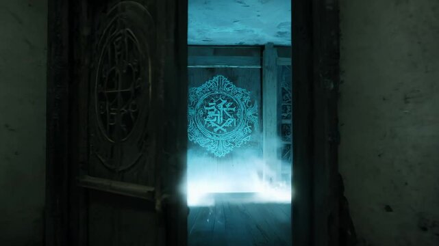 Mysterious glowing door video in low key lighting with deep shadows, the camera dollies in to focus on the locked door in a decrepit hallway