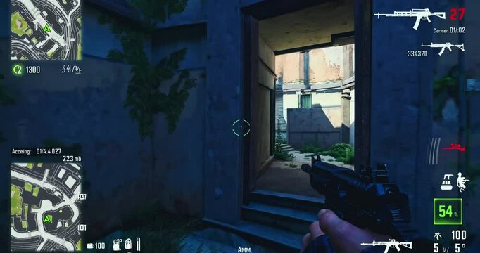 First-Person Shooter Gameplay in a Dark Post-Apocalyptic Environment with a Gun, HUD Display, and Overgrown Urban Ruins