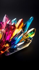 Vibrant cluster of colorful crystals glimmering against a dark background, showcasing a spectrum of hues and facets.