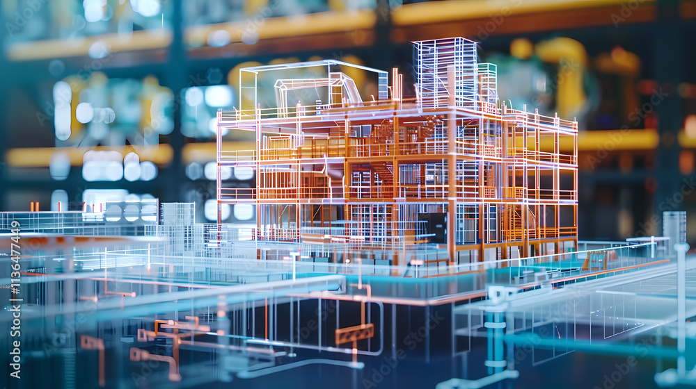 Poster blueprint for innovation: a mesmerizing 3d model of a futuristic building, rendered with intricate d