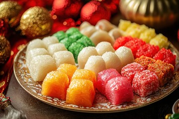 Fototapeta premium Festive Lunar New Year Treats with Vibrant Rice Cakes and Dumplings for Holiday Celebrations