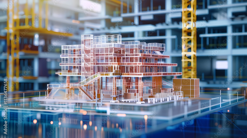 Poster architectural model: a miniature model of a modern skyscraper, showcasing intricate details and cons