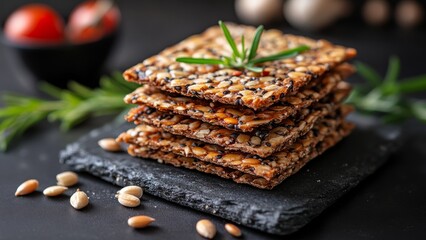Crunchy seed crackers stacked on a black slate plate in a kitchen