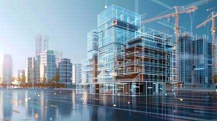 Modern Cityscape Construction: A futuristic architectural design superimposed on a vibrant cityscape, capturing the dynamic energy of urban development and technological innovation.