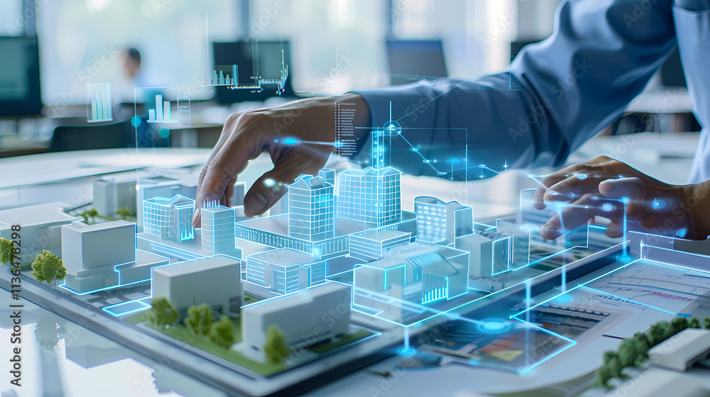 Poster architect's vision: a close-up of a digital architect's hand interacting with a 3d model of a futuri