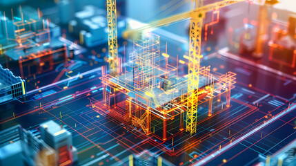 Obraz premium Digital Construction: A futuristic vision of construction, rendered in vibrant neon hues, showcases the intricate web of connections and the dynamic nature of modern building projects.