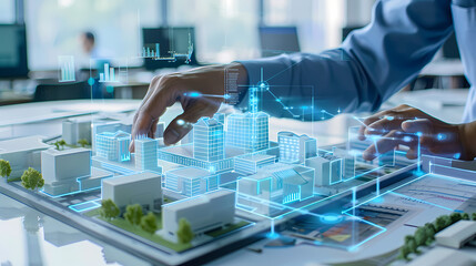 Architect's Vision: A close-up of a digital architect's hand interacting with a 3D model of a futuristic city, showcasing the power of technology in design and innovation. 