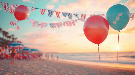 vibrant beach party scene with festive balloons and decorations celebrating Fourth of July