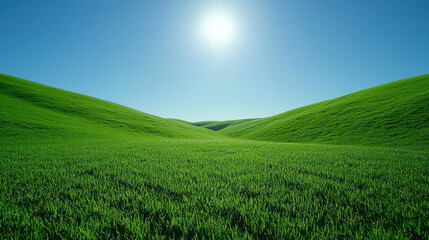 Fototapeta premium vibrant green meadow under clear blue sky, illuminated by sun, evokes sense of tranquility and peace