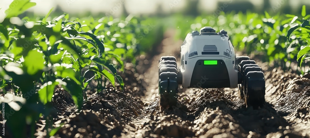 Poster futuristic field robot enhancing smart farming with precision weeding technology