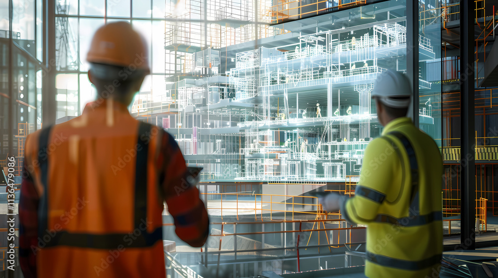 Poster visionary architects: two construction workers in hard hats stand in front of a large window, lookin