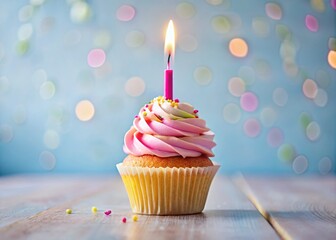 Delicious Birthday Cupcake with Candle, Birthday Cake Photography, Sweet Treats, Festive Dessert, Candlelit Cake, Party Cake, Cupcake Images, Birthday Celebration