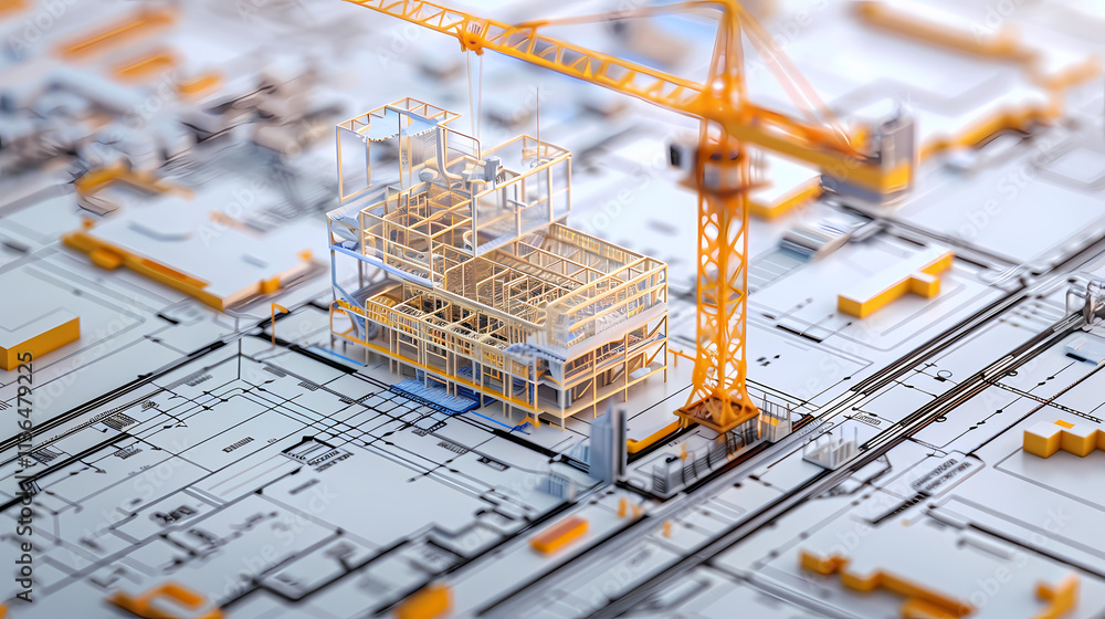 Poster building a future: a 3d rendering of a construction site, showcasing the intricate details of a buil