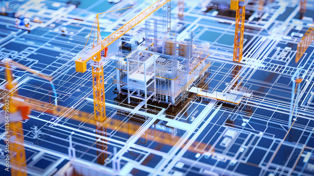 Poster futuristic cityscape: a 3d rendering of a futuristic cityscape under construction, showcasing a comp