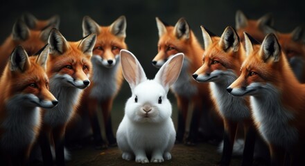 Fototapeta premium A white rabbit surrounded by curious red foxes in a forest setting