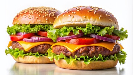 Delicious Double Burger, Close Up, White Background, Fast Food Photography, Juicy Patty, Sesame Bun, Food Photo, Burger Image, Restaurant Menu, Stock Photo